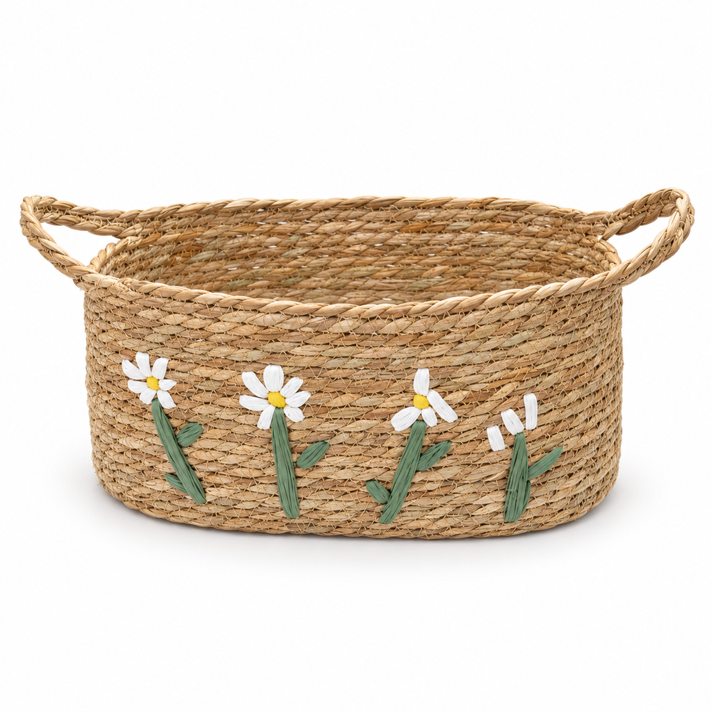Straw Woven Basket with White Daisy Embroidery & Handles, Handmade Seagrass Storage Basket for Bread, Fruit & Farmhouse Kitchen Decor -ZENG-091811