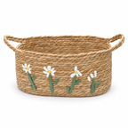 Straw Woven Basket with White Daisy Embroidery & Handles, Handmade Seagrass Storage Basket for Bread, Fruit & Farmhouse Kitchen Decor -ZENG-091811