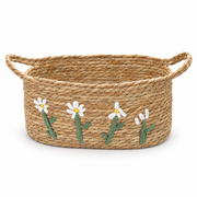 Straw Woven Basket with White Daisy Embroidery & Handles, Handmade Seagrass Storage Basket for Bread, Fruit & Farmhouse Kitchen Decor -ZENG-091811