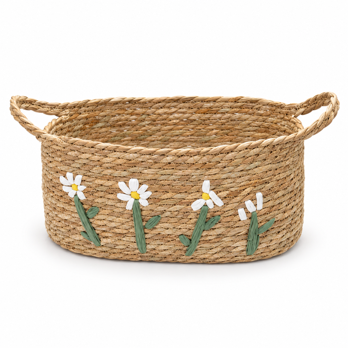 Straw Woven Basket with White Daisy Embroidery & Handles, Handmade Seagrass Storage Basket for Bread, Fruit & Farmhouse Kitchen Decor -ZENG-091811