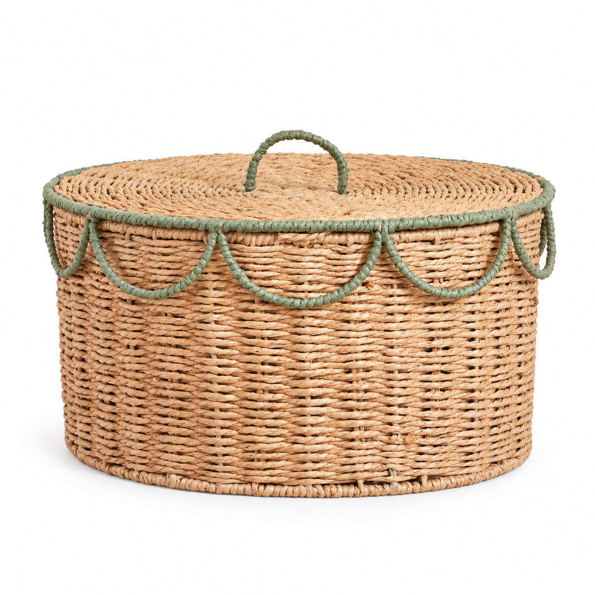 Oval Woven Storage Basket with Lid & Sage Green Wave Trim, Handwoven Seagrass Lidded Organizer Box for Blankets, Towels & Boho Bedroom Decor -ZENG-092405