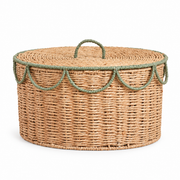 Oval Woven Storage Basket with Lid & Sage Green Wave Trim, Handwoven Seagrass Lidded Organizer Box for Blankets, Towels & Boho Bedroom Decor -ZENG-092405