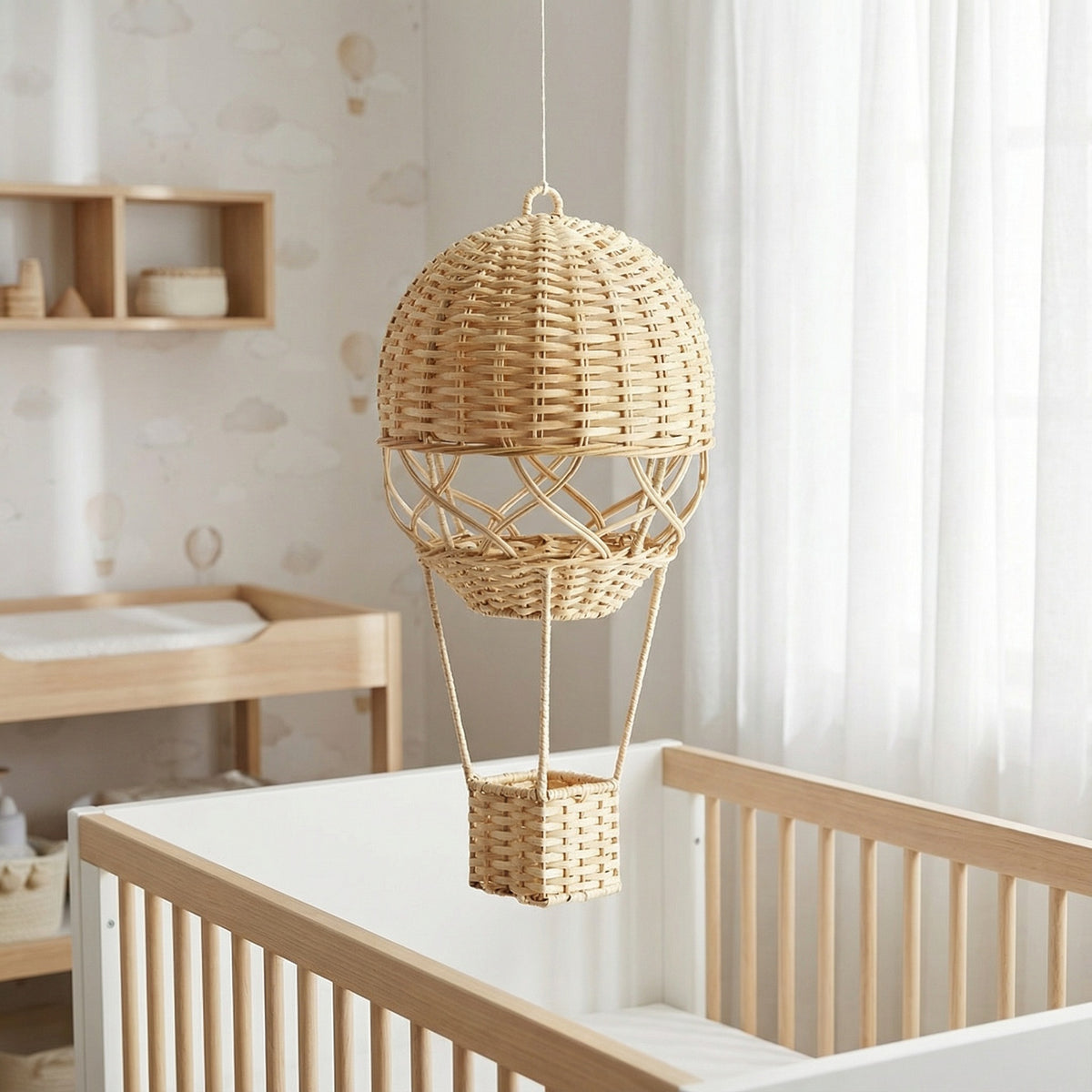 Woven Hot Air Balloon Decor, Handmade Rattan Hanging Ornament with Dome & Basket, Boho Wicker Shelf Decor for Home & Nursery -ZENG-091705