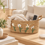 Straw Woven Basket with White Daisy Embroidery & Handles, Handmade Seagrass Storage Basket for Bread, Fruit & Farmhouse Kitchen Decor -ZENG-091811