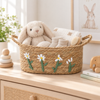 Straw Woven Basket with White Daisy Embroidery & Handles, Handmade Seagrass Storage Basket for Bread, Fruit & Farmhouse Kitchen Decor -ZENG-091811