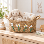 Straw Woven Basket with White Daisy Embroidery & Handles, Handmade Seagrass Storage Basket for Bread, Fruit & Farmhouse Kitchen Decor -ZENG-091811
