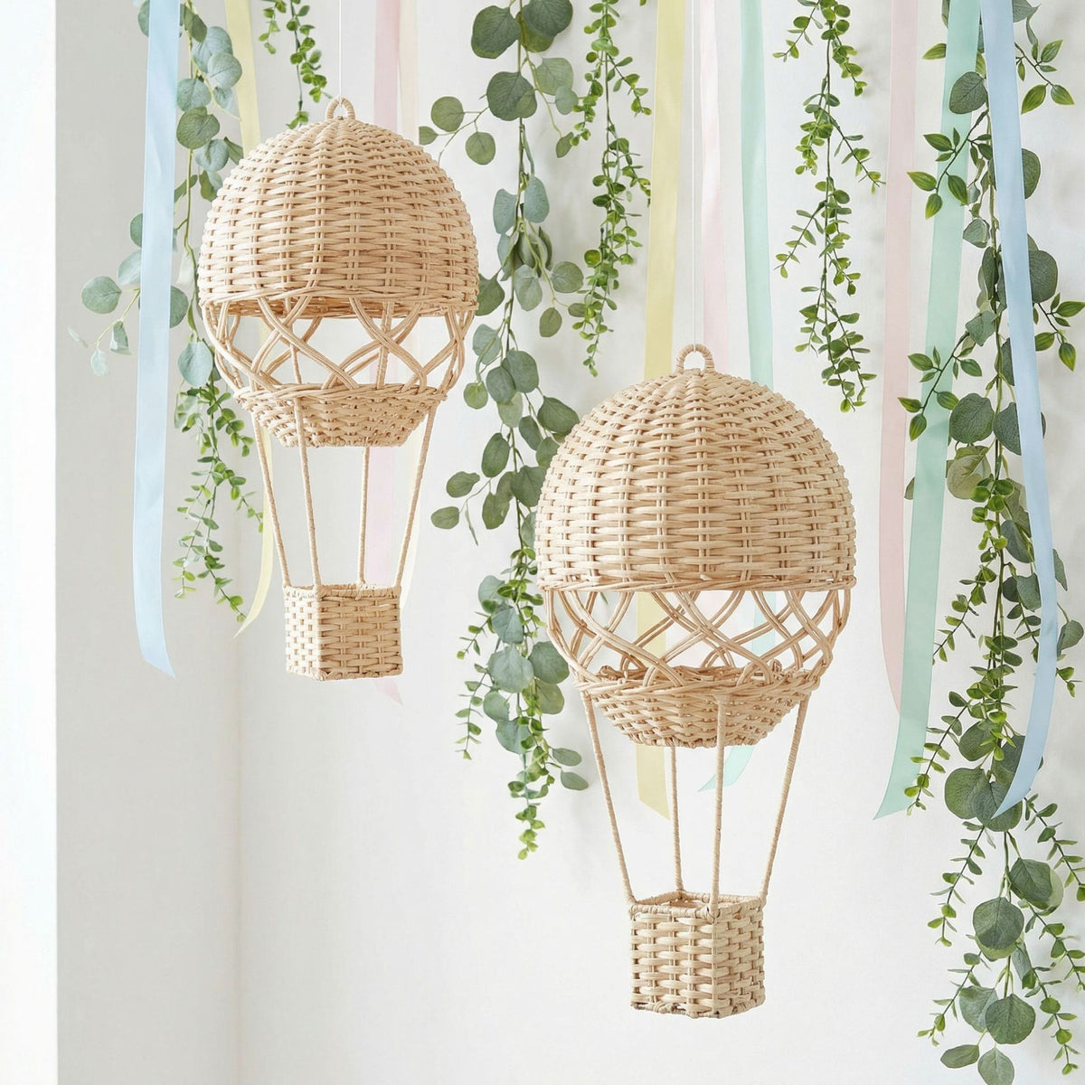 Woven Hot Air Balloon Decor, Handmade Rattan Hanging Ornament with Dome & Basket, Boho Wicker Shelf Decor for Home & Nursery -ZENG-091705
