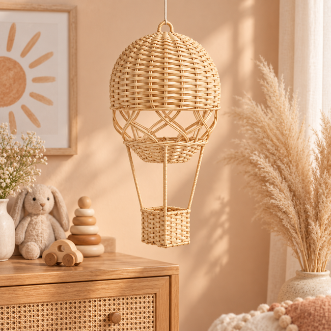 Woven Hot Air Balloon Decor, Handmade Rattan Hanging Ornament with Dome & Basket, Boho Wicker Shelf Decor for Home & Nursery -ZENG-091705 Hover Image