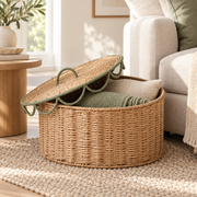 Oval Woven Storage Basket with Lid & Sage Green Wave Trim, Handwoven Seagrass Lidded Organizer Box for Blankets, Towels & Boho Bedroom Decor -ZENG-092405