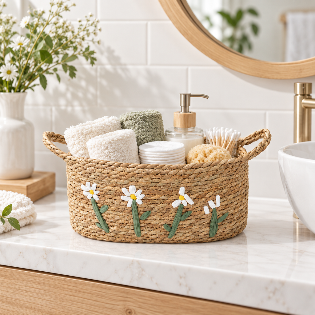 Straw Woven Basket with White Daisy Embroidery & Handles, Handmade Seagrass Storage Basket for Bread, Fruit & Farmhouse Kitchen Decor -ZENG-091811