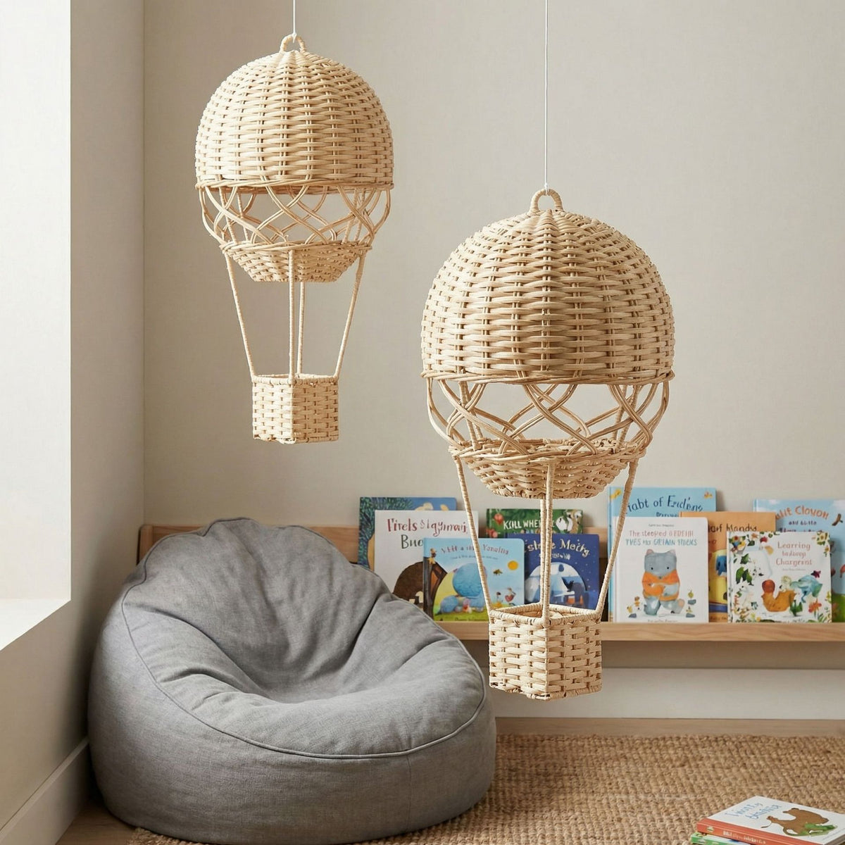 Woven Hot Air Balloon Decor, Handmade Rattan Hanging Ornament with Dome & Basket, Boho Wicker Shelf Decor for Home & Nursery -ZENG-091705