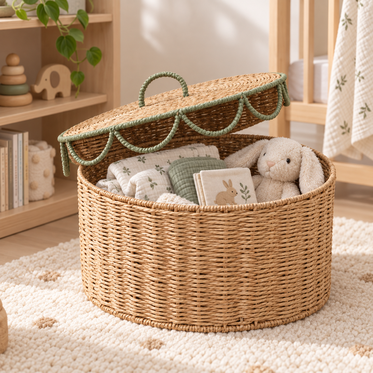 Oval Woven Storage Basket with Lid & Sage Green Wave Trim, Handwoven Seagrass Lidded Organizer Box for Blankets, Towels & Boho Bedroom Decor -ZENG-092405