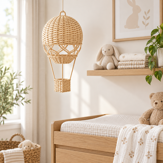 Woven Hot Air Balloon Decor, Handmade Rattan Hanging Ornament with Dome & Basket, Boho Wicker Shelf Decor for Home & Nursery -ZENG-091705 Main Image