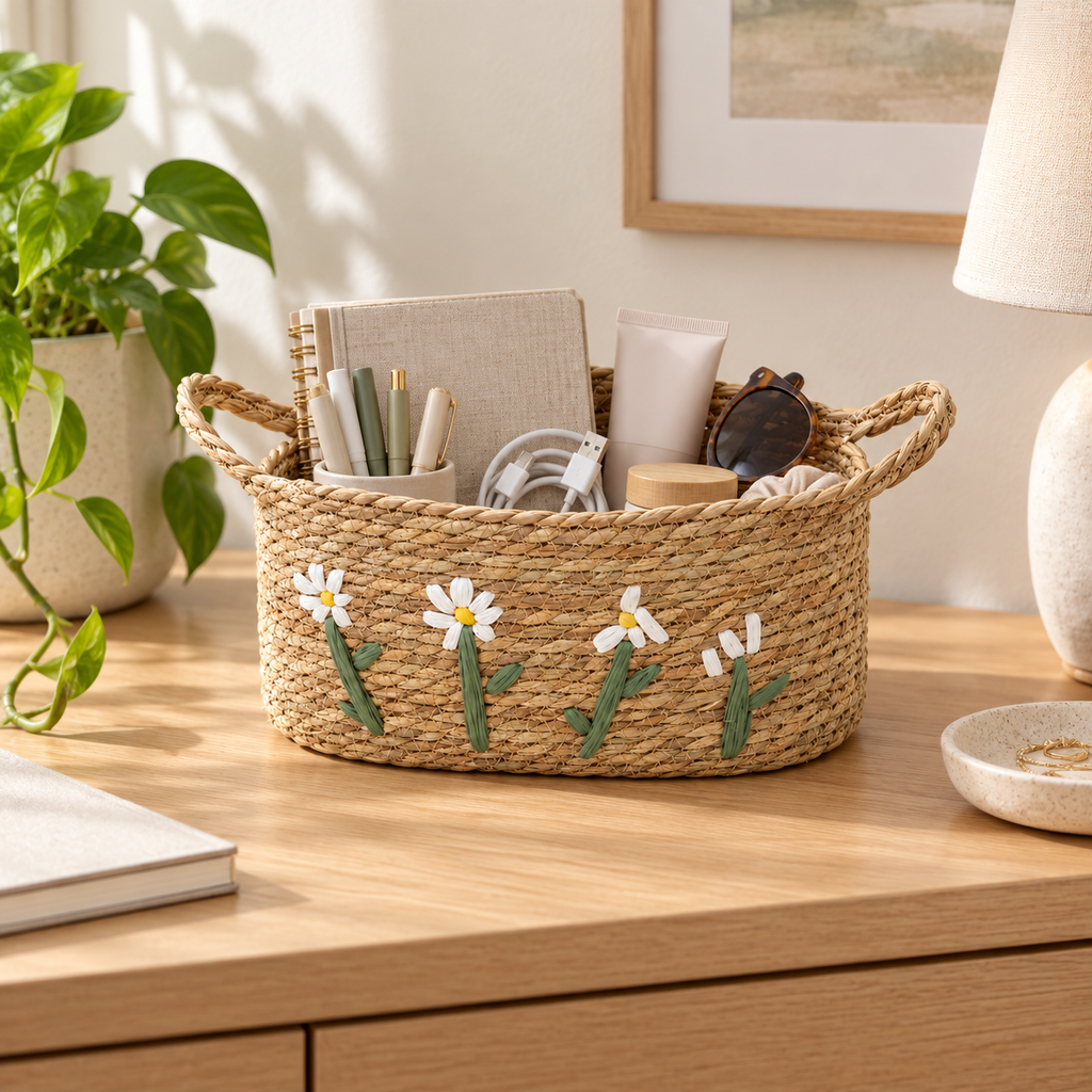 Straw Woven Basket with White Daisy Embroidery & Handles, Handmade Seagrass Storage Basket for Bread, Fruit & Farmhouse Kitchen Decor -ZENG-091811