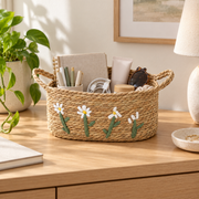 Straw Woven Basket with White Daisy Embroidery & Handles, Handmade Seagrass Storage Basket for Bread, Fruit & Farmhouse Kitchen Decor -ZENG-091811