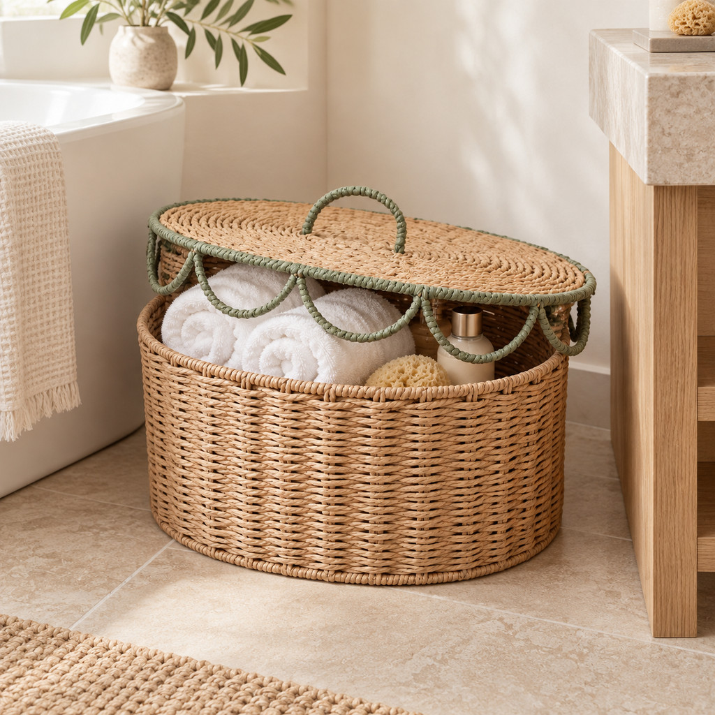 Oval Woven Storage Basket with Lid & Sage Green Wave Trim, Handwoven Seagrass Lidded Organizer Box for Blankets, Towels & Boho Bedroom Decor -ZENG-092405