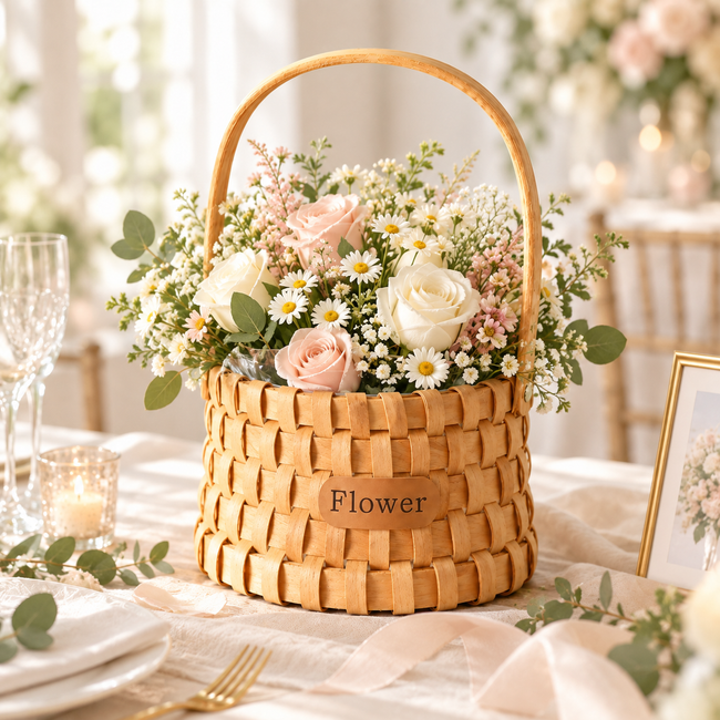 Handwoven Wicker Flower Basket with Leather Tag & Handles, Natural Rattan Floral Arrangement Basket for Wedding Centerpiece, Gift & Home Table Decor -ZENG-091625 Hover Image