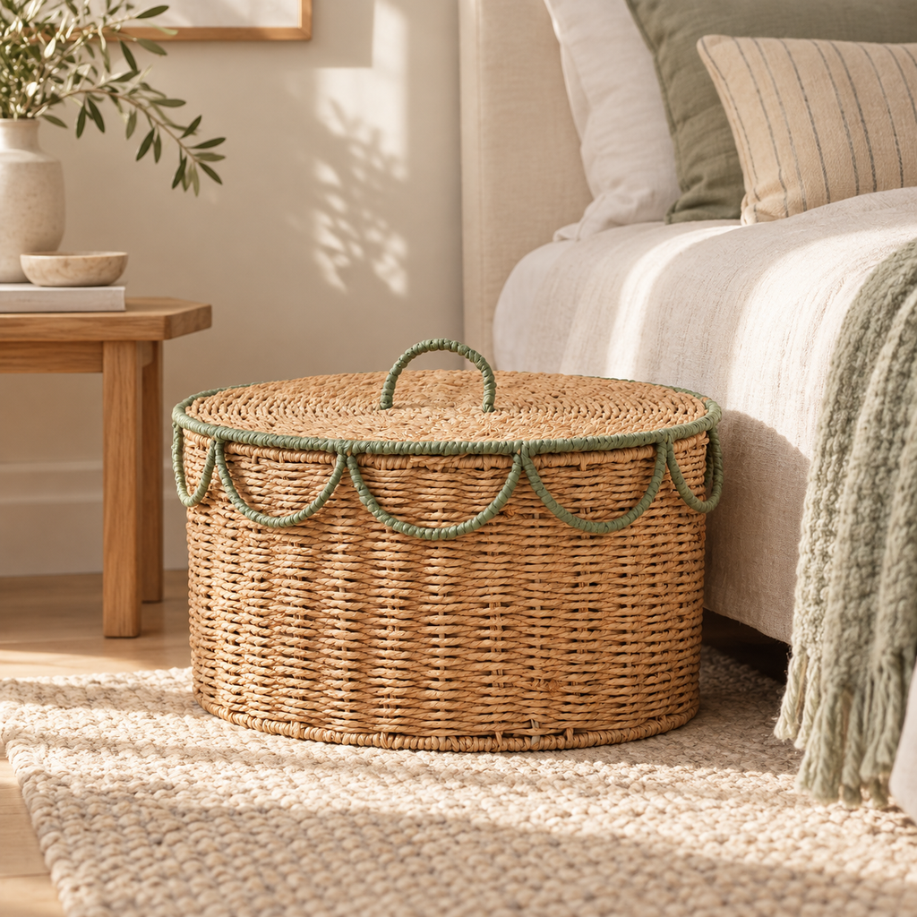 Oval Woven Storage Basket with Lid & Sage Green Wave Trim, Handwoven Seagrass Lidded Organizer Box for Blankets, Towels & Boho Bedroom Decor -ZENG-092405