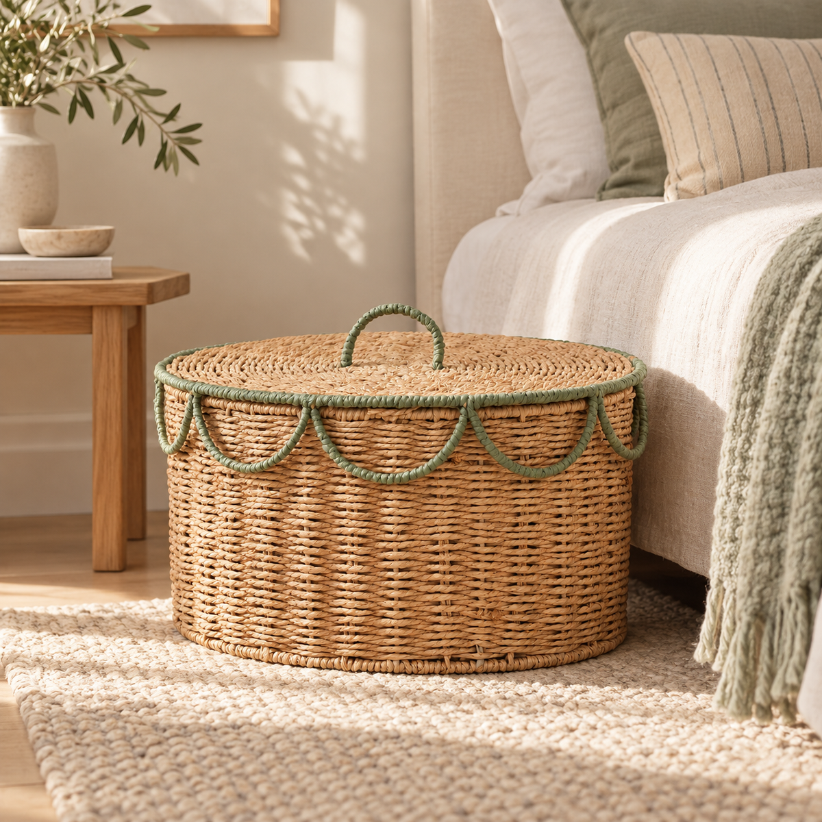 Oval Woven Storage Basket with Lid & Sage Green Wave Trim, Handwoven Seagrass Lidded Organizer Box for Blankets, Towels & Boho Bedroom Decor -ZENG-092405