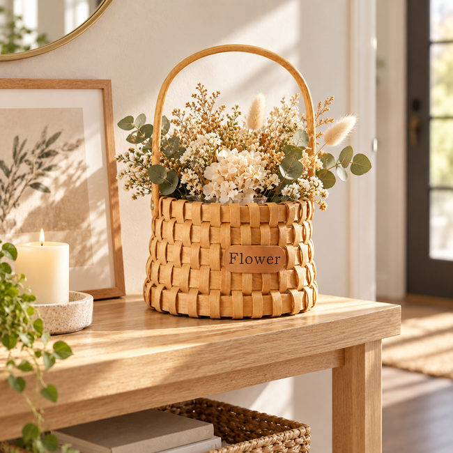 Handwoven Wicker Flower Basket with Leather Tag & Handles, Natural Rattan Floral Arrangement Basket for Wedding Centerpiece, Gift & Home Table Decor -ZENG-091625 Main Image