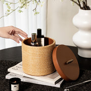 Round Woven Storage Basket with Lid – Decorative Organizer for Vanity, Bathroom, Bedroom & Living Room-cc-091715