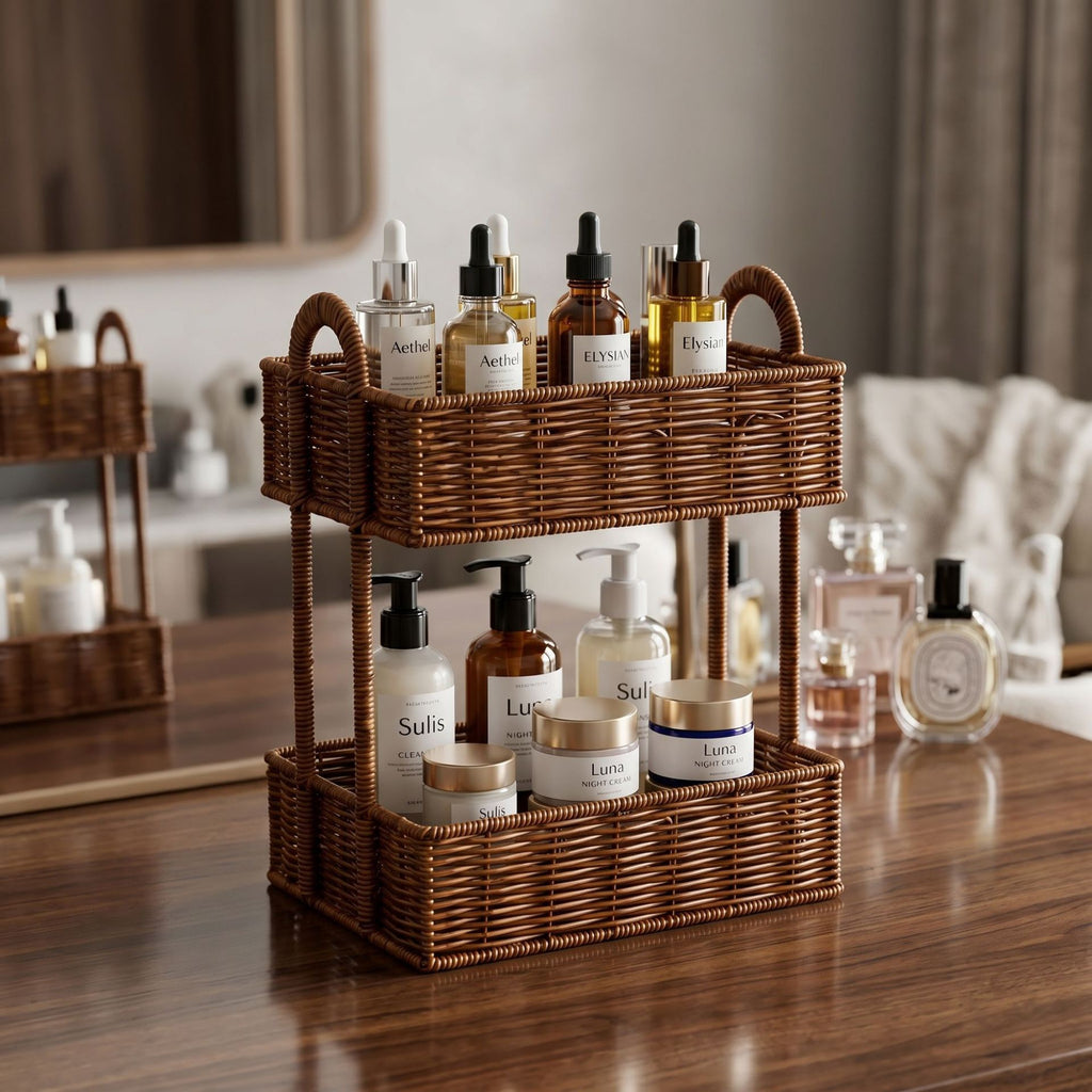 2-Tier Woven Storage Organizer with Handles – Countertop Basket Shelf for Kitchen, Pantry, Bathroom & Vanity-cc-091714