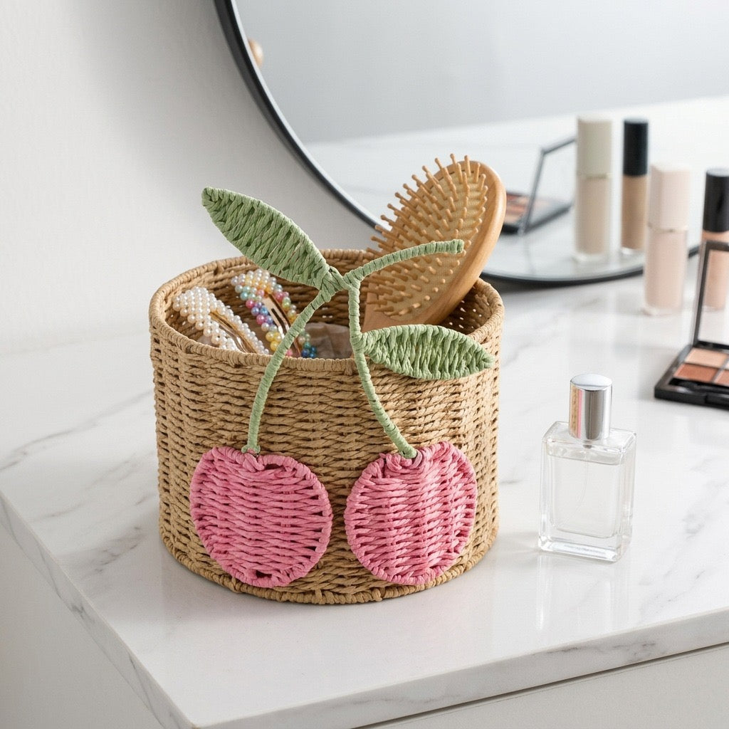 Cherry Woven Storage Basket, Cute Round Organizer Bin for Desk, Nursery, Bedroom & Kids Room-cc-091812