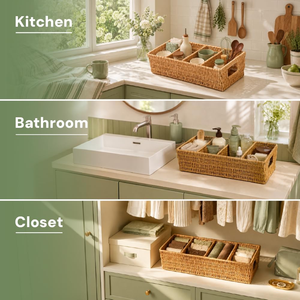 Rattan Pantry Organizer Baskets with Dividers - Set of 2