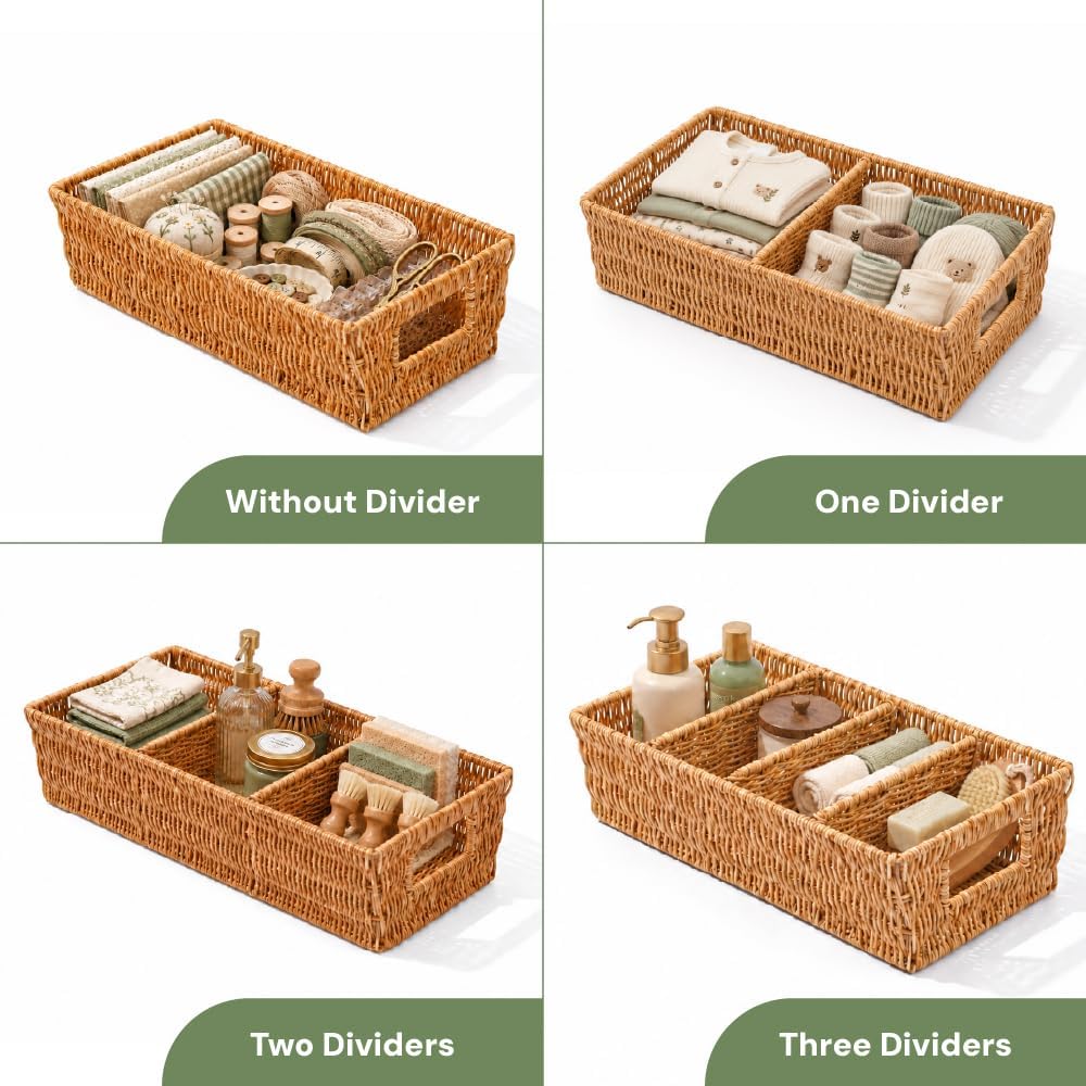 Rattan Pantry Organizer Baskets with Dividers - Set of 2