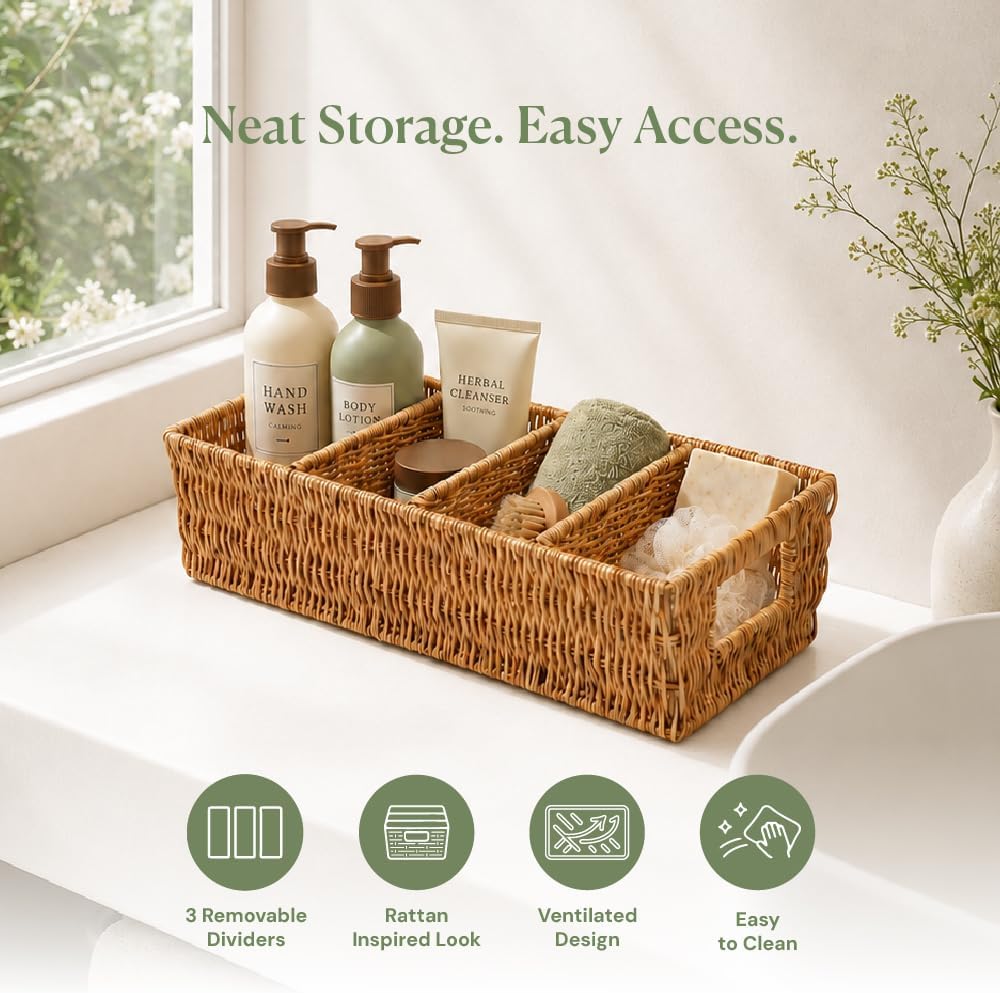 Rattan Pantry Organizer Baskets with Dividers - Set of 2
