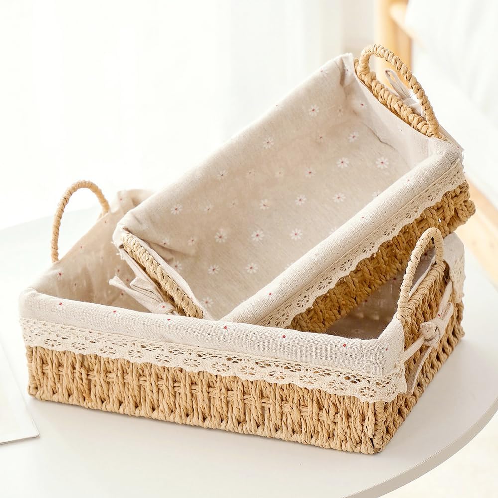 Lined Boho Wicker Baskets - Set of 2