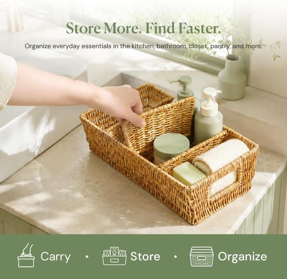 Rattan Pantry Organizer Baskets with Dividers - Set of 2