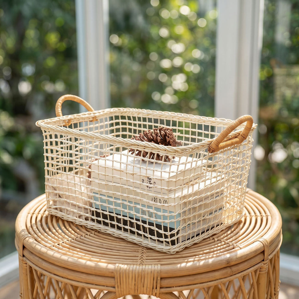 Woven Storage Basket with Handles | Open Weave Decorative Organizer for Shelves, Bedroom & Living Room-cc-092009