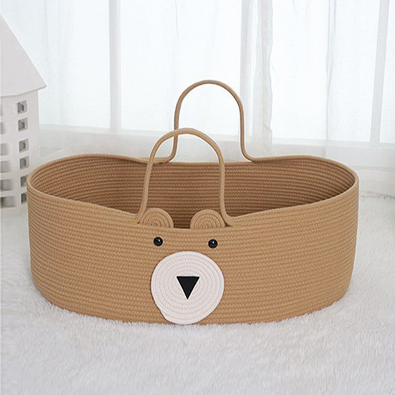 Cute Bear Shaped Woven Baby Moses Basket, Portable Cotton Rope Baby Carry Cradle with Dual Handles for Newborn, Nursery Decor -ZENG-091602