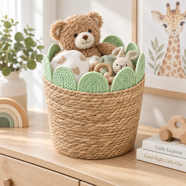 Straw Woven Basket with Green Leaf Fabric Trim, Handmade Seagrass Toy Storage Basket with Handles for Teddy Bears, Blankets & Kids Room -ZENG-091812 Hover Image