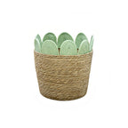 Straw Woven Basket with Green Leaf Fabric Trim, Handmade Seagrass Toy Storage Basket with Handles for Teddy Bears, Blankets & Kids Room -ZENG-091812