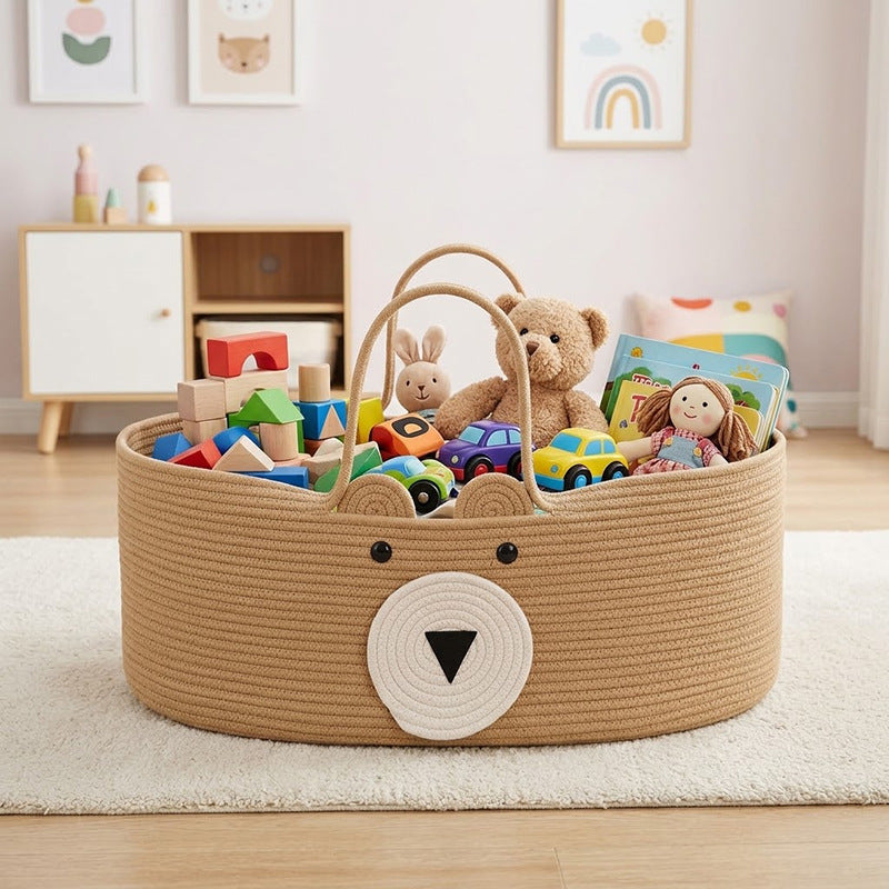 Cute Bear Shaped Woven Baby Moses Basket, Portable Cotton Rope Baby Carry Cradle with Dual Handles for Newborn, Nursery Decor -ZENG-091602