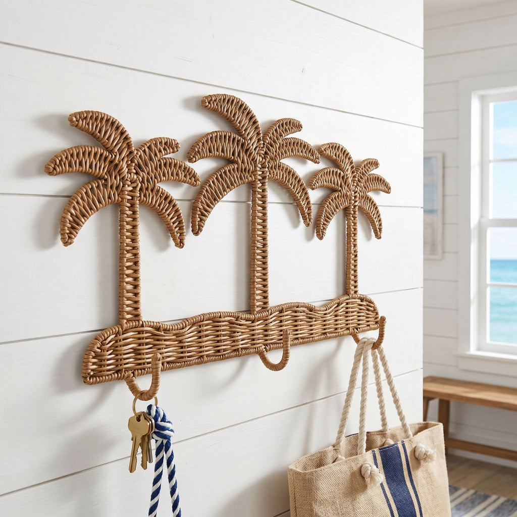 Woven Palm Tree Wall Decor with Hook, Handmade Wicker Tropical Wall Hanger for Hats, Bags & Boho Entryway Decoration -ZENG-091706
