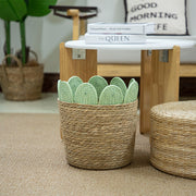 Straw Woven Basket with Green Leaf Fabric Trim, Handmade Seagrass Toy Storage Basket with Handles for Teddy Bears, Blankets & Kids Room -ZENG-091812