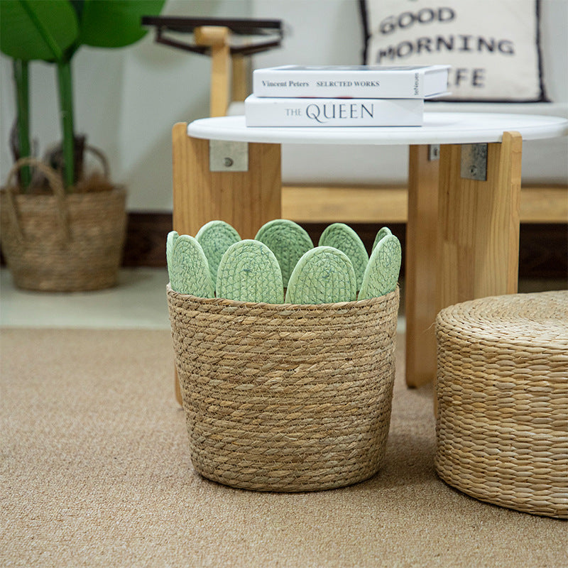 Straw Woven Basket with Green Leaf Fabric Trim, Handmade Seagrass Toy Storage Basket with Handles for Teddy Bears, Blankets & Kids Room -ZENG-091812