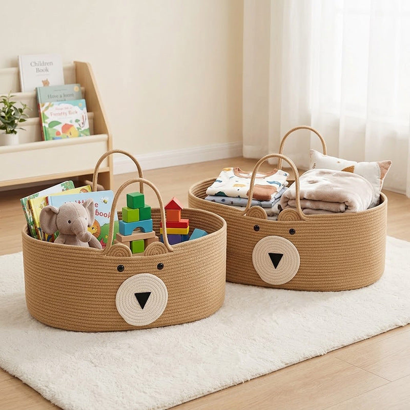Cute Bear Shaped Woven Baby Moses Basket, Portable Cotton Rope Baby Carry Cradle with Dual Handles for Newborn, Nursery Decor -ZENG-091602