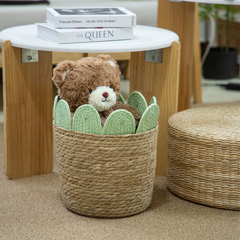 Straw Woven Basket with Green Leaf Fabric Trim, Handmade Seagrass Toy Storage Basket with Handles for Teddy Bears, Blankets & Kids Room -ZENG-091812