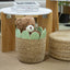 Straw Woven Basket with Green Leaf Fabric Trim, Handmade Seagrass Toy Storage Basket with Handles for Teddy Bears, Blankets & Kids Room -ZENG-091812