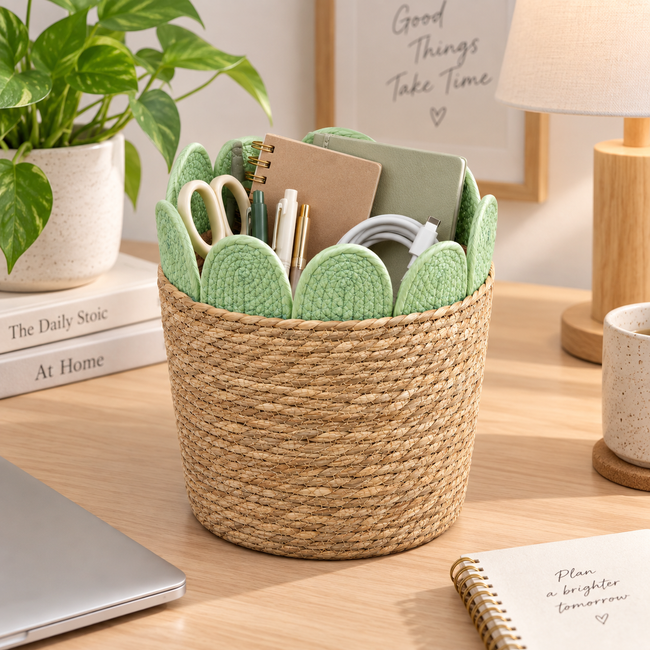 Straw Woven Basket with Green Leaf Fabric Trim, Handmade Seagrass Toy Storage Basket with Handles for Teddy Bears, Blankets & Kids Room -ZENG-091812 Main Image