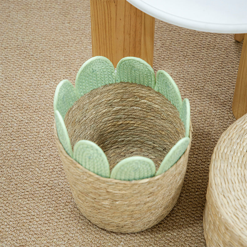 Straw Woven Basket with Green Leaf Fabric Trim, Handmade Seagrass Toy Storage Basket with Handles for Teddy Bears, Blankets & Kids Room -ZENG-091812
