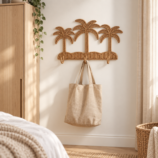 Woven Palm Tree Wall Decor with Hook, Handmade Wicker Tropical Wall Hanger for Hats, Bags & Boho Entryway Decoration -ZENG-091706 Main Image