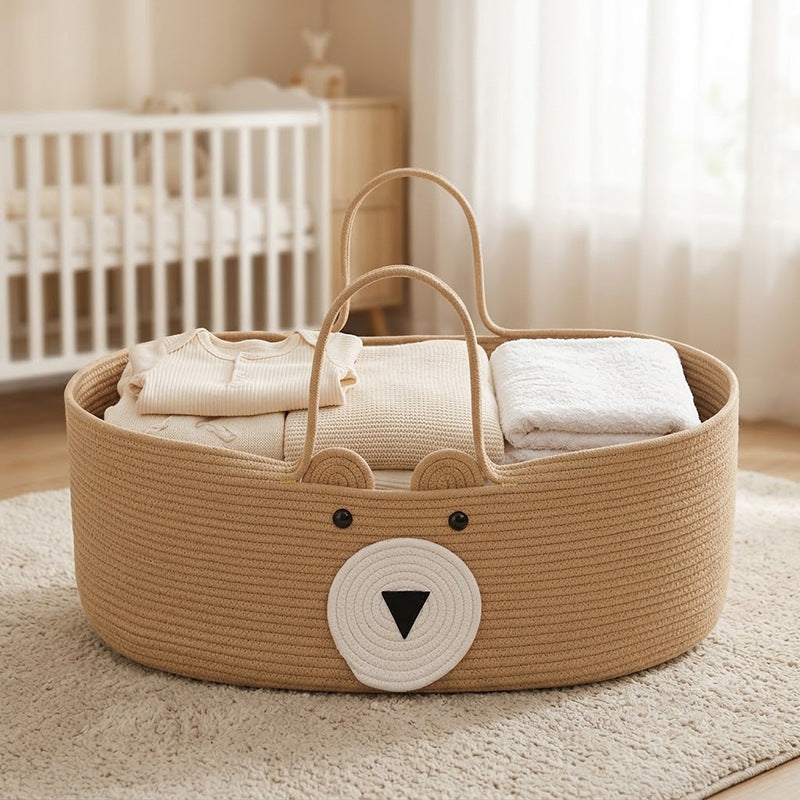 Cute Bear Shaped Woven Baby Moses Basket, Portable Cotton Rope Baby Carry Cradle with Dual Handles for Newborn, Nursery Decor -ZENG-091602