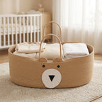 Cute Bear Shaped Woven Baby Moses Basket, Portable Cotton Rope Baby Carry Cradle with Dual Handles for Newborn, Nursery Decor -ZENG-091602