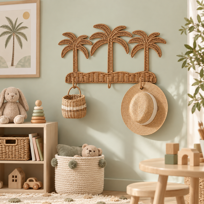 Woven Palm Tree Wall Decor with Hook, Handmade Wicker Tropical Wall Hanger for Hats, Bags & Boho Entryway Decoration -ZENG-091706 Hover Image