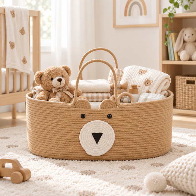 Cute Bear Shaped Woven Baby Moses Basket, Portable Cotton Rope Baby Carry Cradle with Dual Handles for Newborn, Nursery Decor -ZENG-091602 Hover Image